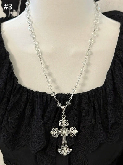 Gothic White Beaded Necklace with Cross - Boobi Shop