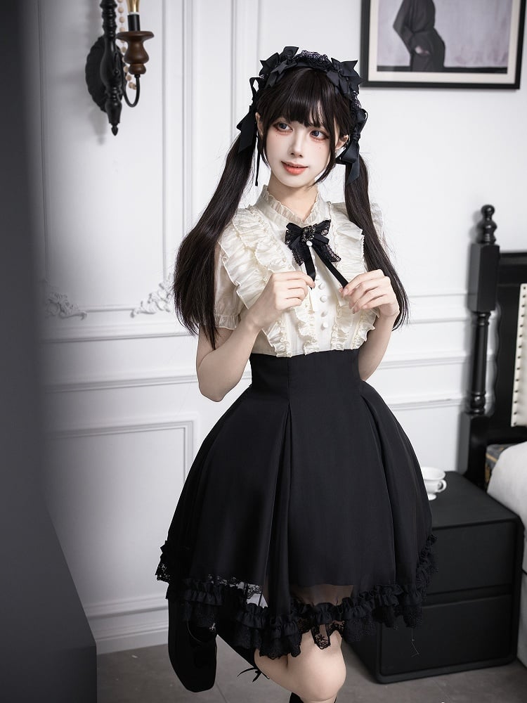 Beige Ruffled Blouse & Black Short Skirt Fake Two Pieces Lolita Dress - With PUJI