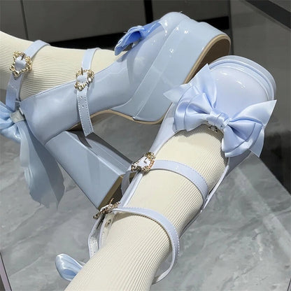 in Toe Lolita Sweet with Bow Platform Round - Detail PU Mary Blue Janes Sky