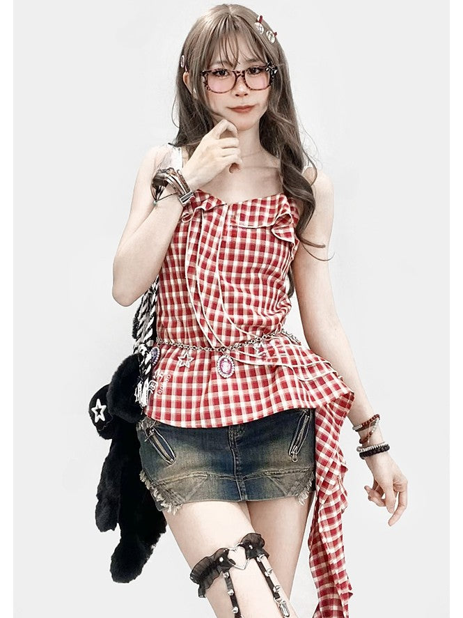 Plaid Y2K Asymmetrical Glamorous Hem Top Cami Holiday Red Pattern