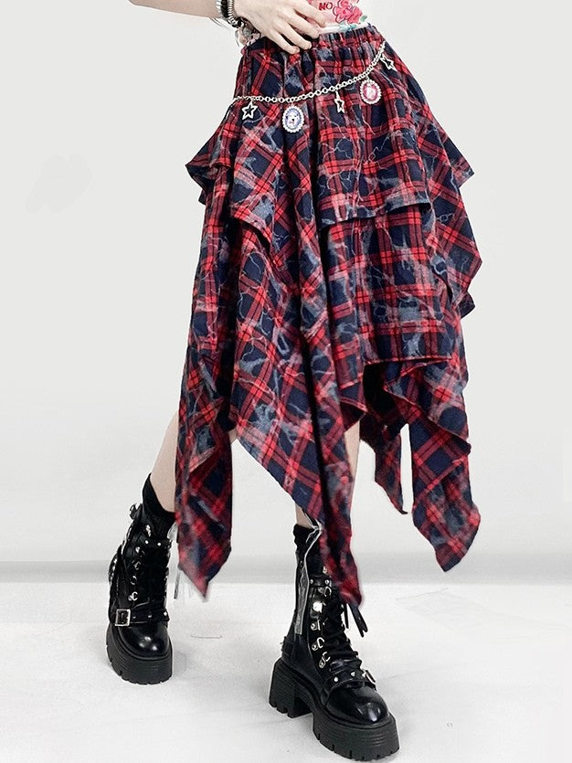 Y2K Hem BlackRed Plaid Pattern Skirt Handkerchief