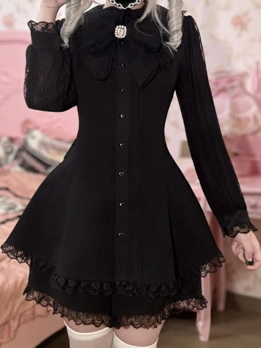 Mini Black Jirai Kei Sleeves Dress Waisted with Lace