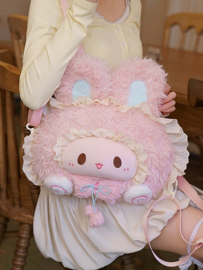 Backpack Plush Rabbit-shaped Trim Lace Pink