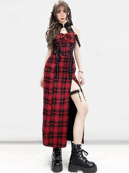 Dress Thigh-high Pattern Red Lace-up Plaid Slit Glamorous Detail Y2K