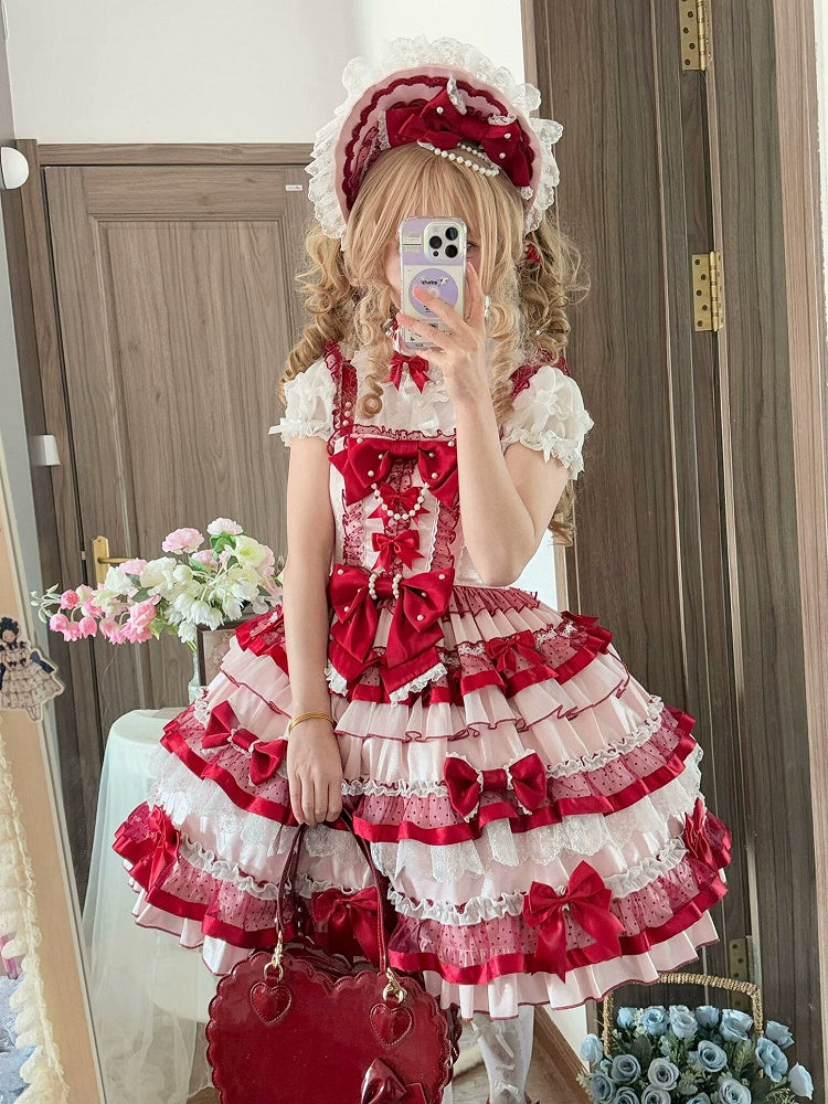Pink and Red Sweet Bowknots Tiered Ruffles Skirt Old School Lolita Dress