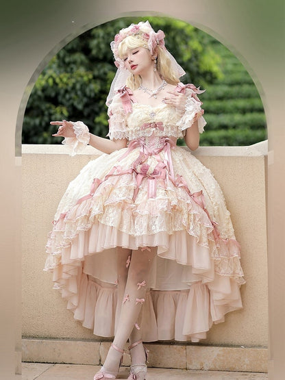 Pink Dress and Beige Piece Layered High-low Princess One Lolita Hanayome Hime