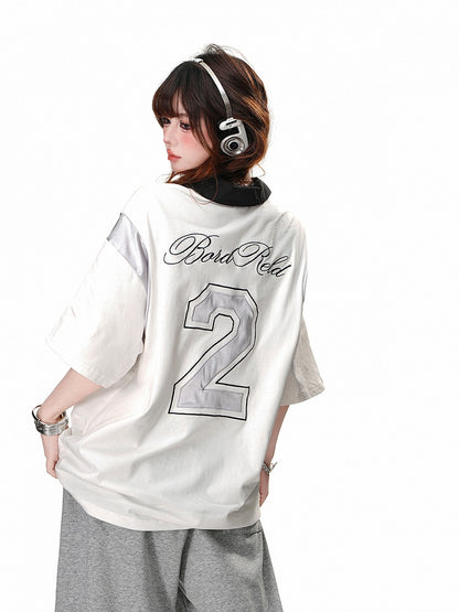 Schwarz/weißes Sport-T-Shirt im Preppy-Stil mit Polokragen