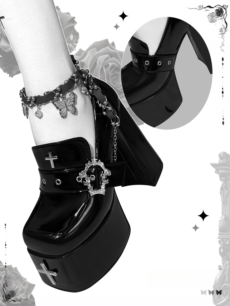 Heel High in Coffin Buckle Gothic with Black Shoes Polished Platform Block 11/13cm