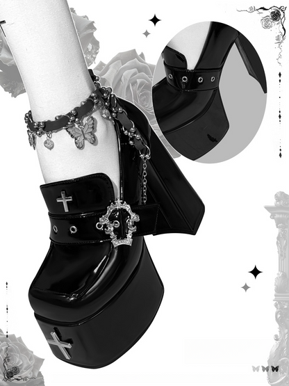 Heel High in Coffin Buckle Gothic with Black Shoes Polished Platform Block 11/13cm