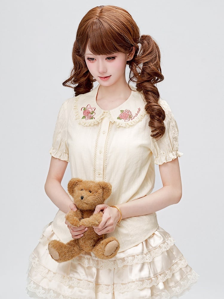 Pink Rosette Embroidery Collar Cream Short Sleeve Blouse - Dream Magic Box