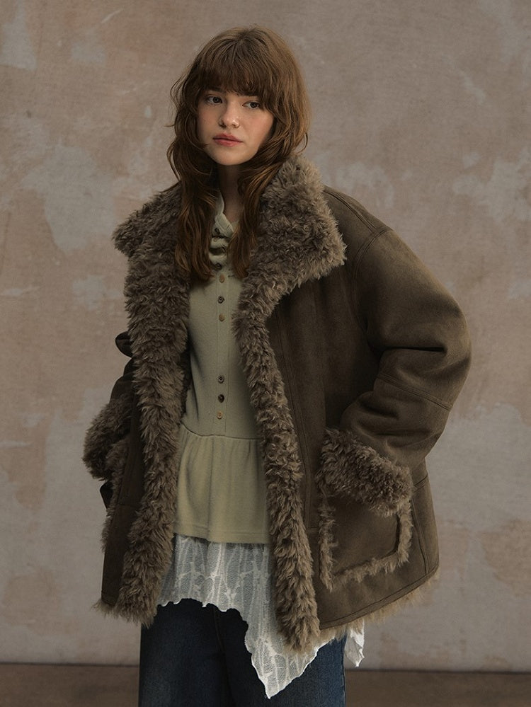 Reversible Suede and Fleece Coat with Fluffy Accents Khaki/Dark Brown