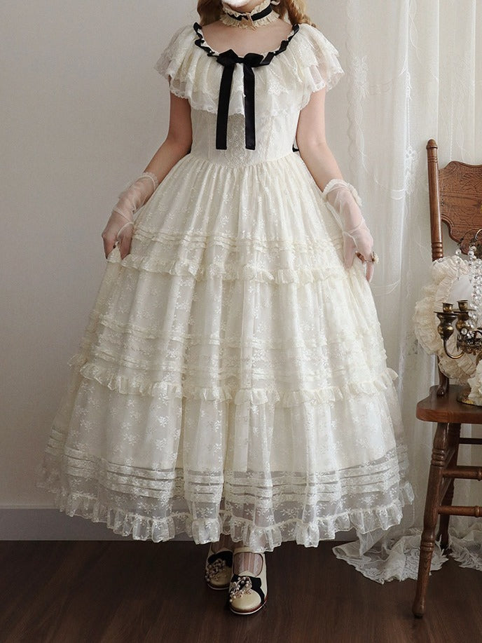 Elegant Classic Beige & Black Lolita Long JSK Gown with Butterfly Bow and Layered Skirt - Miss Cube Dressworks