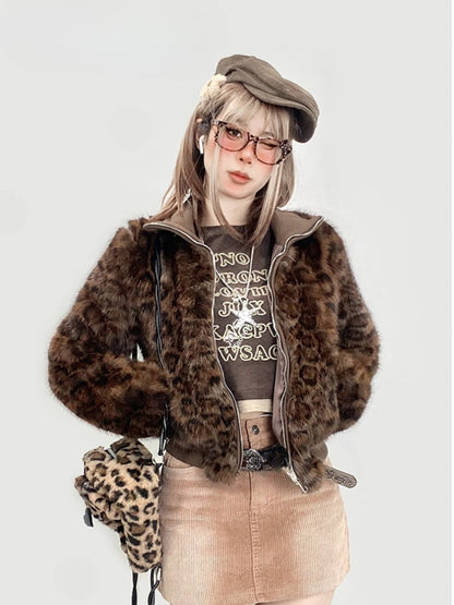 Gyaru Kaffee Leopard Plüschjacke