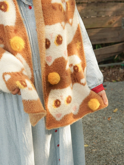 Cute Kitty Pattern Brown Knit Scarf
