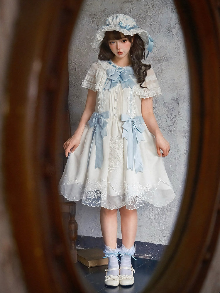 White Flutter Sleeve Lolita Dress with Bows and Scallop Trim