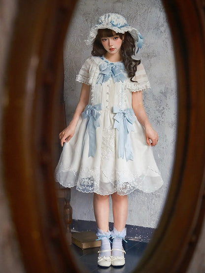 White Flutter Sleeve Lolita Dress with Bows and Scallop Trim