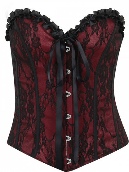 Halloween Gothic Red Ribbon Corset Floral Bow Top Detail Black Embroidery with