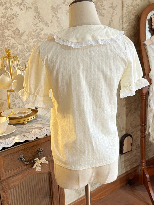 Beige Sweet Peter Pan Collar Short Sleeve Cotton Blouse Lolita - Jelly Girl
