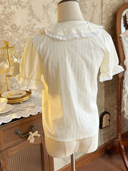 Beige Sweet Peter Pan Collar Short Sleeve Cotton Blouse Lolita - Jelly Girl