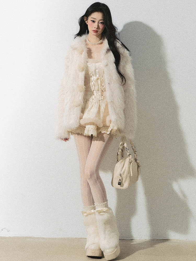 アプリコットのレースアップティアードスカートロングスリーブドレス