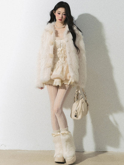 アプリコットのレースアップティアードスカートロングスリーブドレス