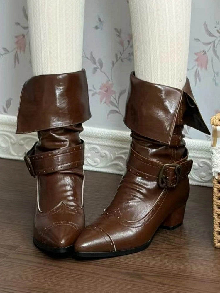 Stacked Mid-heel Design Light Clasps Boots Slip-On Shaft Ornate with Collapsible - Brown 4cm