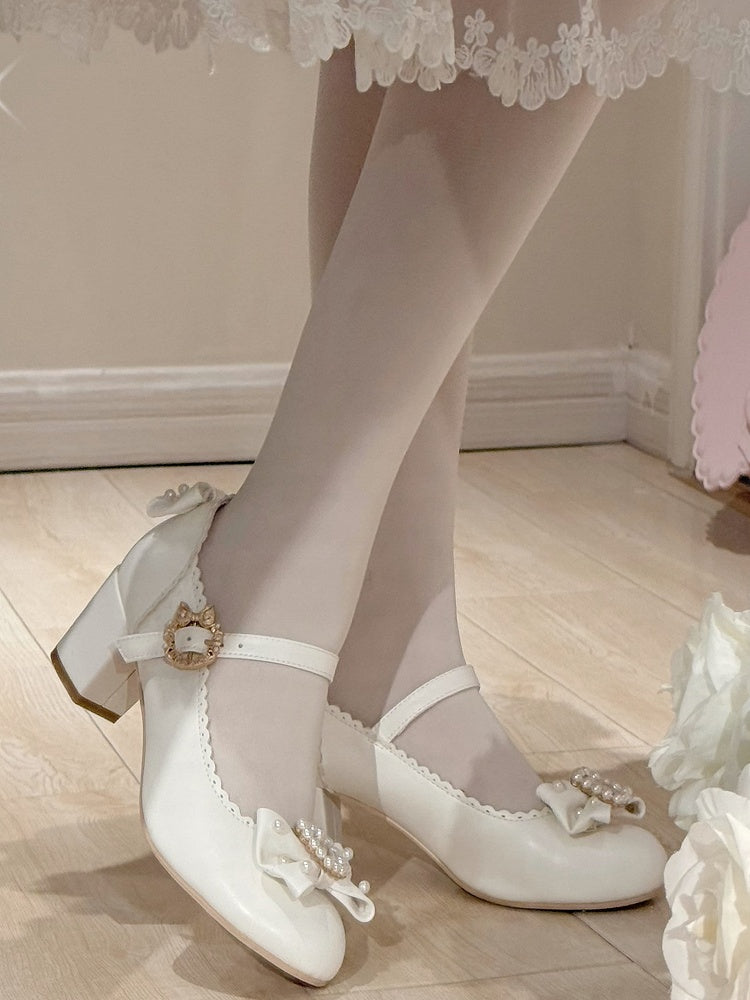 ラウンドロリータラインストーンメリートゥ装飾ディテールホワイト＆ビーズボウノットジェーンズシューズ