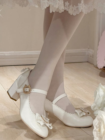 ラウンドロリータラインストーンメリートゥ装飾ディテールホワイト＆ビーズボウノットジェーンズシューズ