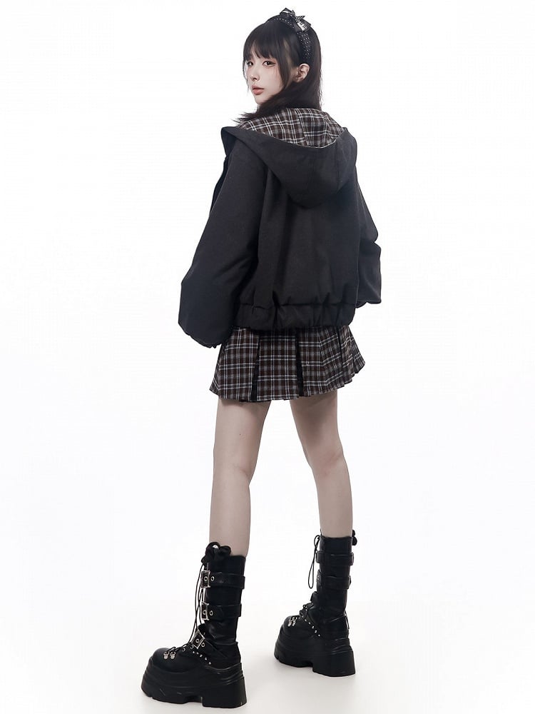 Preppy Kawaii Reversible Dark Gray Plaid Hooded Jacket - PINK SAVIOR