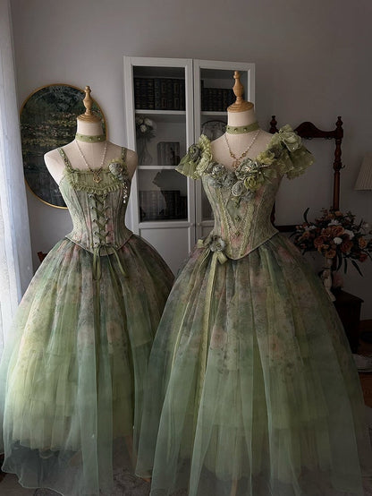 Green Oil Painting Lolita Layered Tulle Skirt - Nine Odes