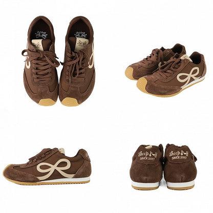 Design Bowknot Ties Front Lace-up Brown Sneakers