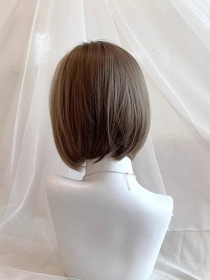 Short 30CM Full Straight Bangs with Brown Wig