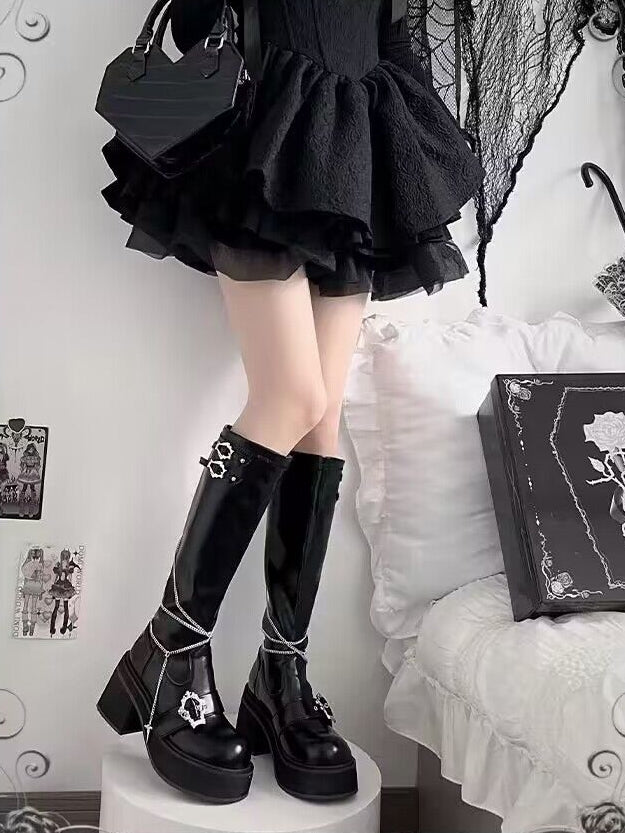 Knee-high Gothic Y2K Detachable Polished with Cross Chains in Black Boots Platform Buckles Coffin