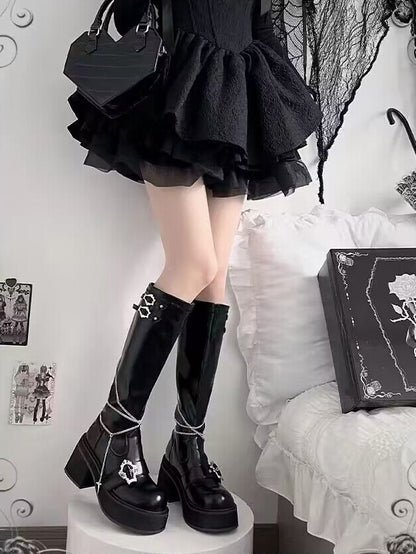 Knee-high Gothic Y2K Detachable Polished with Cross Chains in Black Boots Platform Buckles Coffin