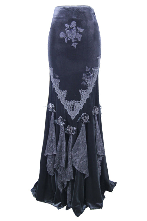 Black Rose Embossed Gothic Velvet Long Fishtail Skirt for Women