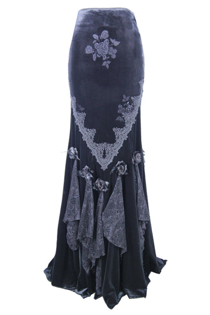 Black Rose Embossed Gothic Velvet Long Fishtail Skirt for Women