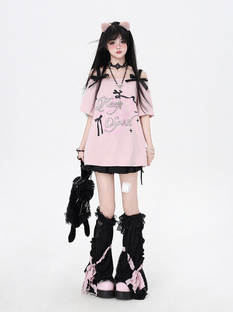 Pink Graphic T-Shirt Off-the-Shoulder Neckline with Lace Bows