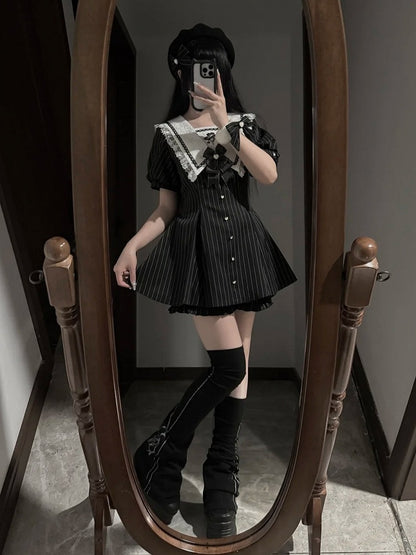 Black Striped Lace Sailor Collar Dress with Cherry Blossom Print and Shorts Set - Dream Core Waves