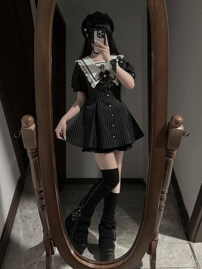 Black Jirai Kei Sailor Collar Dress with Lace Trim, Cherry Blossom Embroidery, Shorts & Bow Tie Set - Dream Core Waves