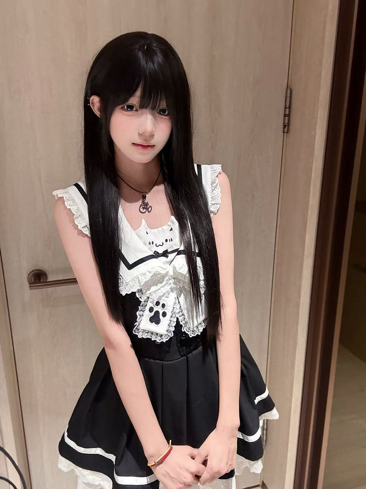 Collar Sailor Black with White Dress Print Backless Kitten Covered-back / Sleeveless