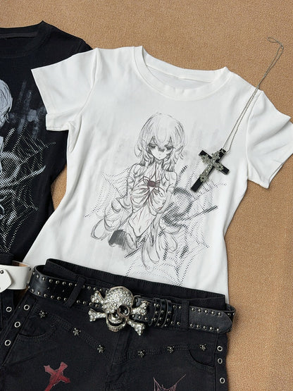 with T-shirt in Cartoon Cotton Crew White Neck Print Slim-fitting Girl