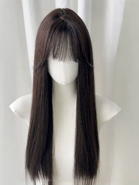 Black Tea 70cm Straight Wig with Full Bangs - Meow Island Wig