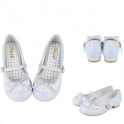 ヒール 2.2CM/4.3CM ジェーンズ メアリー トゥトリム ブルー ラウンドアクセント ノットレース ボウ