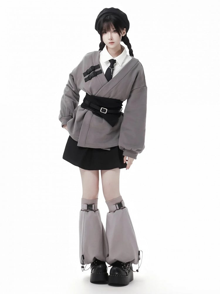 ダークグレーのノッチ付きスウェットシャツ（コルセット付き）