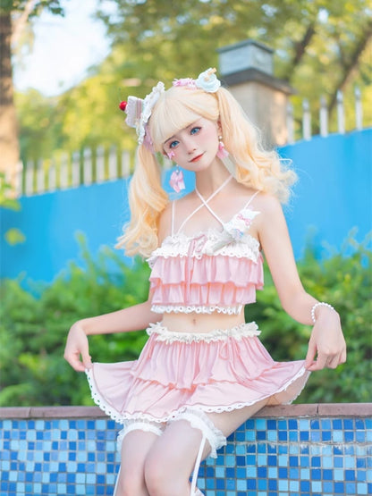 ピンクのティアードフリルディテールレーストリム水着 蝶結び