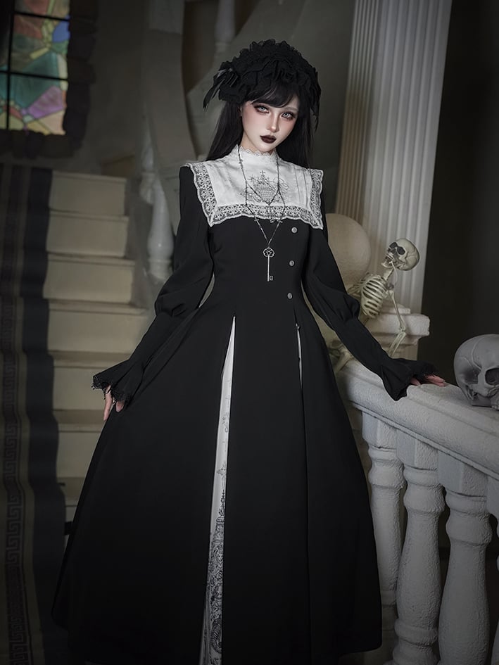 Neckline + White Black Embroidered Dress Gothic Print Square Collar Lolita