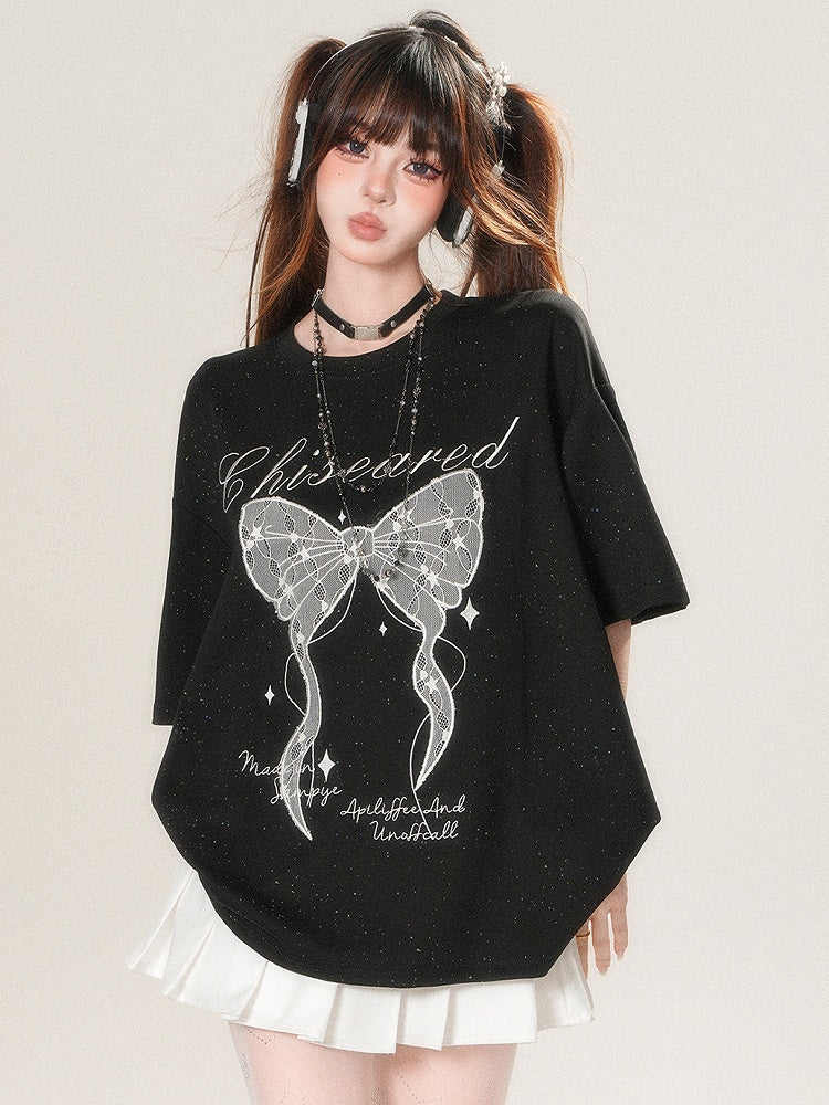 かわいいTシャツプリントアップリケとデイリーレターボウスタービッグホワイト/ブラック