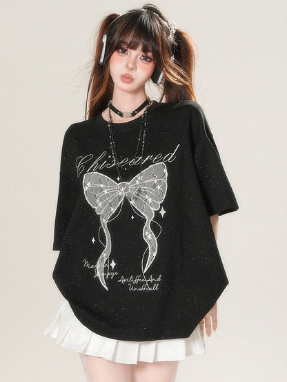 かわいいTシャツプリントアップリケとデイリーレターボウスタービッグホワイト/ブラック