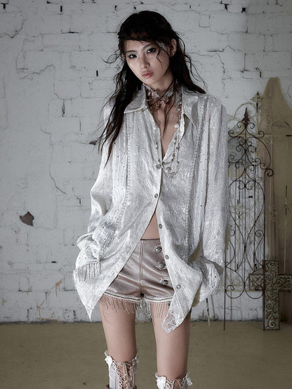 Beige Satin Lace-Trimmed Punk Shirt with Chain Accents