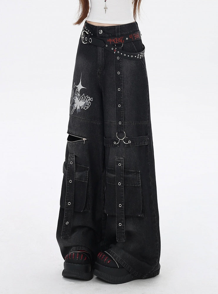 ジーンズ ブラック バタフライ ワイドレッグ カーゴプリント ストラップディテール ヴィンテージ